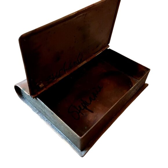 Vintage Trinket Box Book-Shaped Brass Plated Copper Hinged Lid Relic 5x4" - Picture 1 of 8